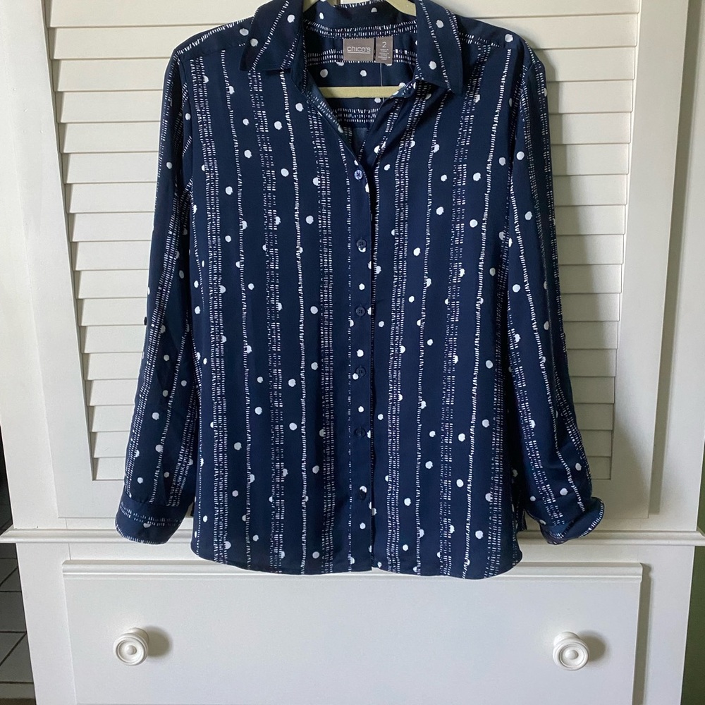 Chico's Navy Polka Dot & Stripe Button-Down Shirt